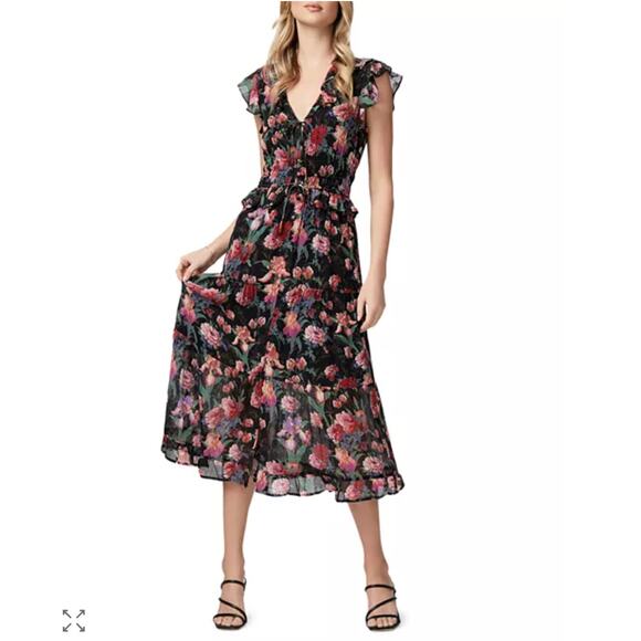 Paige 100% Silk Floral Midi Dress Black Ruffle Sleeve Smocked Waist Boho NWT  XS - Picture 2 of 11